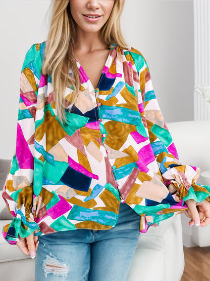 Geometric V-Neck Flounce Sleeve Blouse