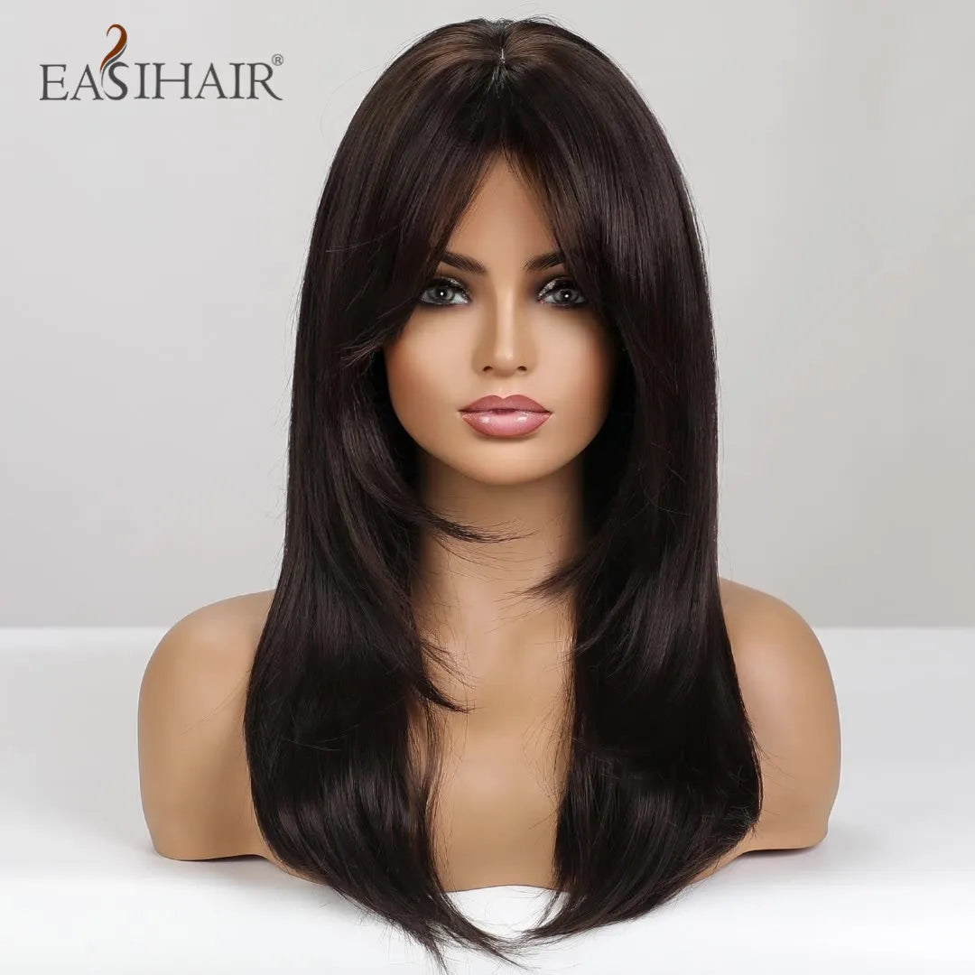 EASIHAIR Dark Brown Black Synthetic Wigs with Bangs Medium Straight Layered Natural Hairs for Women Daily Cosplay Heat Resistant
