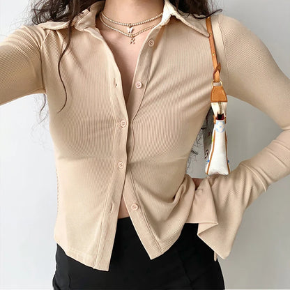 Blouses polo lapel single-breasted flared Collar Solid sleeve shirt Five-color women's slim long-sleeve Casual Streetwear top