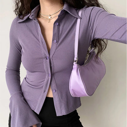Blouses polo lapel single-breasted flared Collar Solid sleeve shirt Five-color women's slim long-sleeve Casual Streetwear top