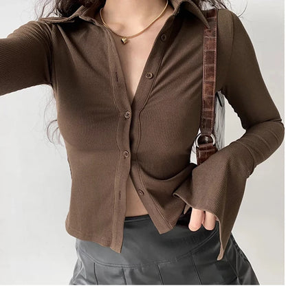 Blouses polo lapel single-breasted flared Collar Solid sleeve shirt Five-color women's slim long-sleeve Casual Streetwear top