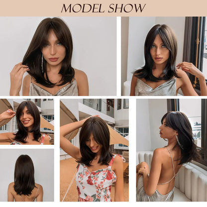 EASIHAIR Dark Brown Black Synthetic Wigs with Bangs Medium Straight Layered Natural Hairs for Women Daily Cosplay Heat Resistant