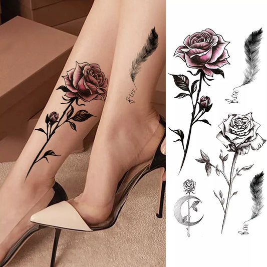 Women's Fashion Flower Temporary Tattoos Sticker Fake Rose Feather TatooS Decal Waterproof Body Art Legs Arm Tatoos For Women