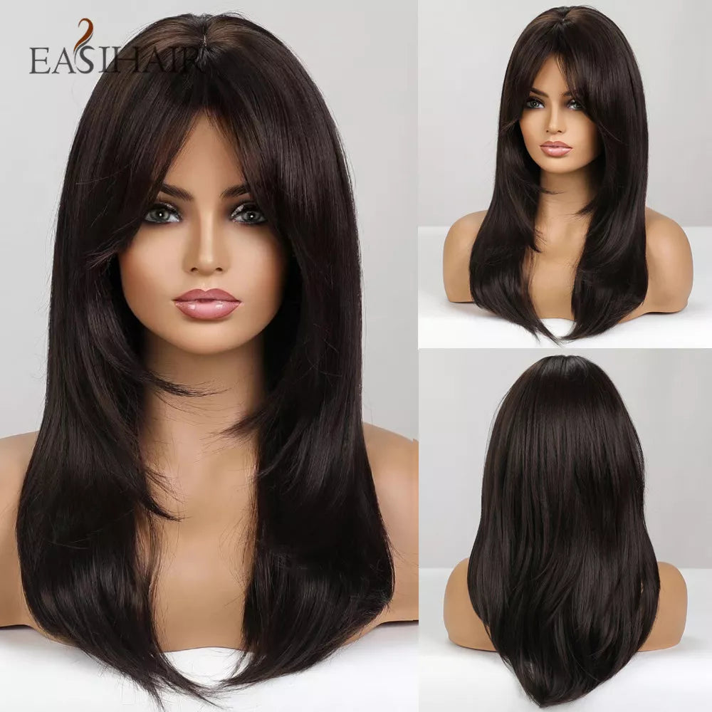EASIHAIR Dark Brown Black Synthetic Wigs with Bangs Medium Straight Layered Natural Hairs for Women Daily Cosplay Heat Resistant