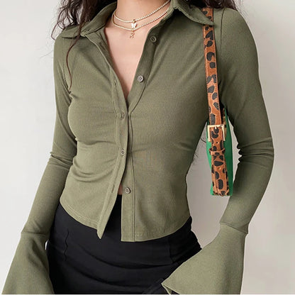 Blouses polo lapel single-breasted flared Collar Solid sleeve shirt Five-color women's slim long-sleeve Casual Streetwear top