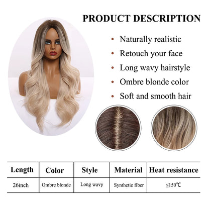 EASIHAIR Ombre Brown Light Blonde Platinum Long Wavy Middle Part Hair Wig Cosplay Natural Heat Resistant Synthetic Wig for Women