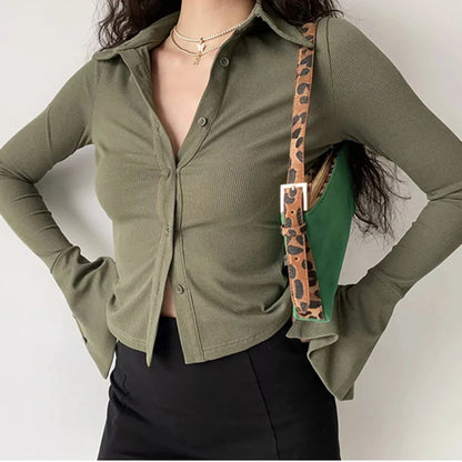 Blouses polo lapel single-breasted flared Collar Solid sleeve shirt Five-color women's slim long-sleeve Casual Streetwear top