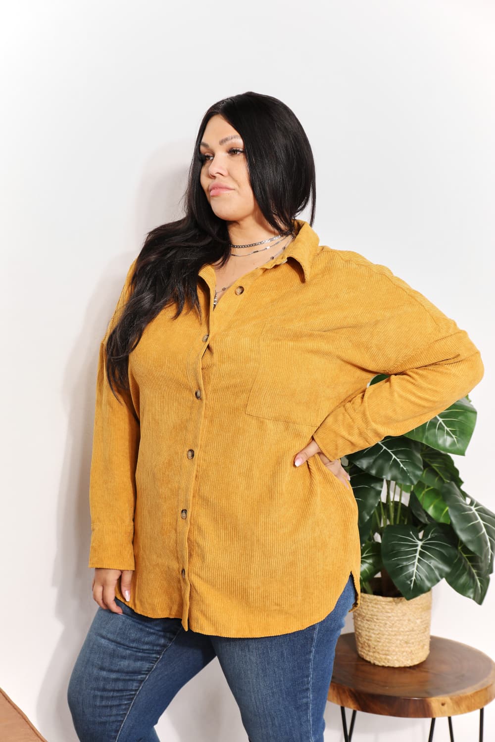 HEYSON Full Size Oversized Corduroy Button-Down Tunic Shirt with Bust Pocket