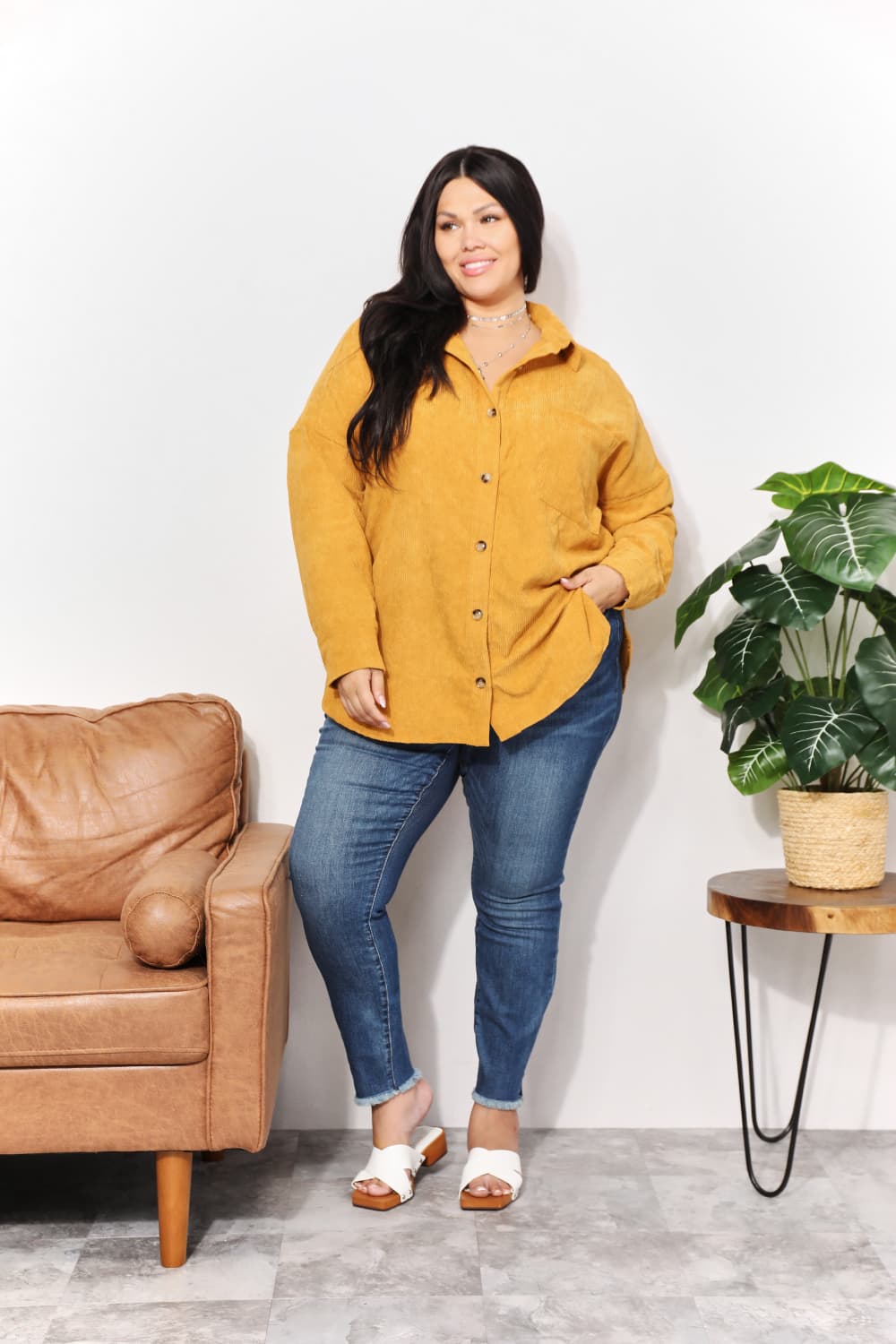 HEYSON Full Size Oversized Corduroy Button-Down Tunic Shirt with Bust Pocket