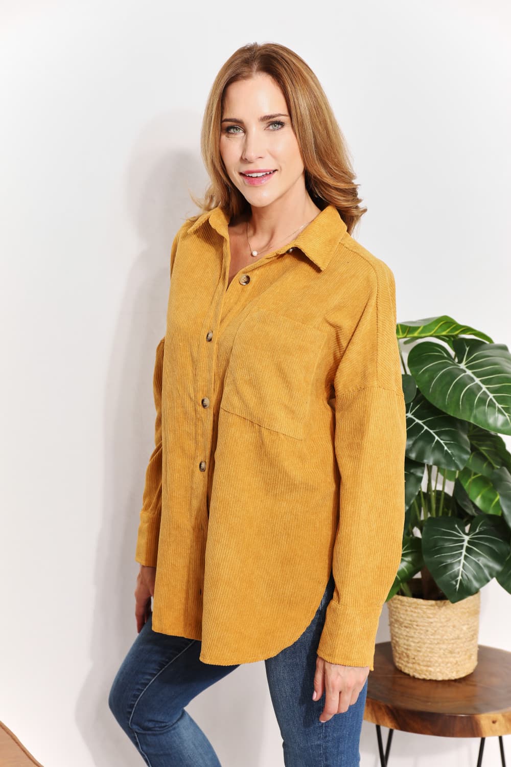 HEYSON Full Size Oversized Corduroy Button-Down Tunic Shirt with Bust Pocket