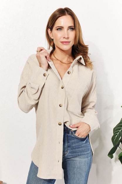 HEYSON Full Size Oversized Corduroy Button-Down Tunic Shirt with Bust Pocket