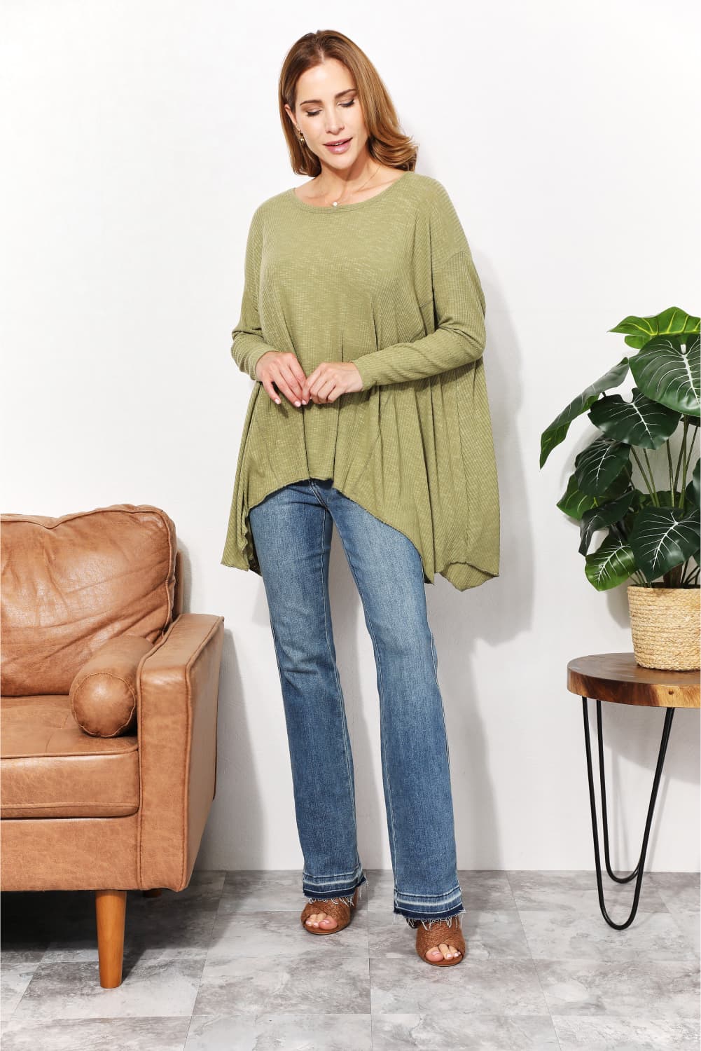 HEYSON Full Size Oversized Super Soft Rib Layering Top with a Sharkbite Hem and Round Neck