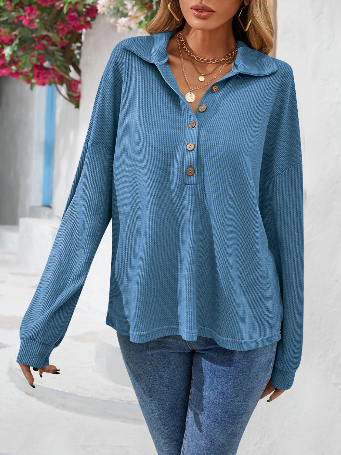 Half Button Collared Neck Long Sleeve Top