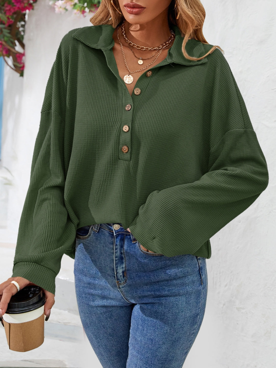 Half Button Collared Neck Long Sleeve Top