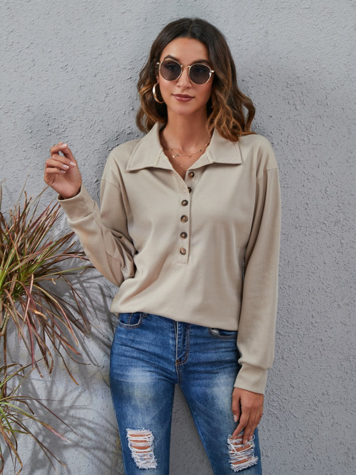 Half Button Dropped Shoulder Blouse