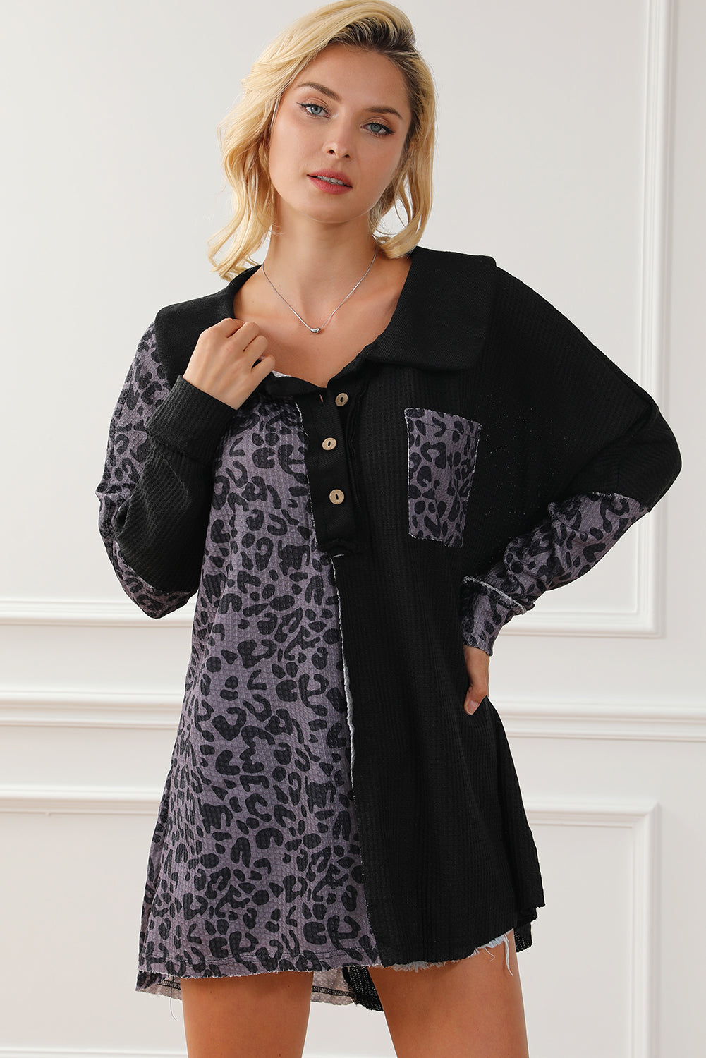 Half Button Leopard Collared Neck Blouse