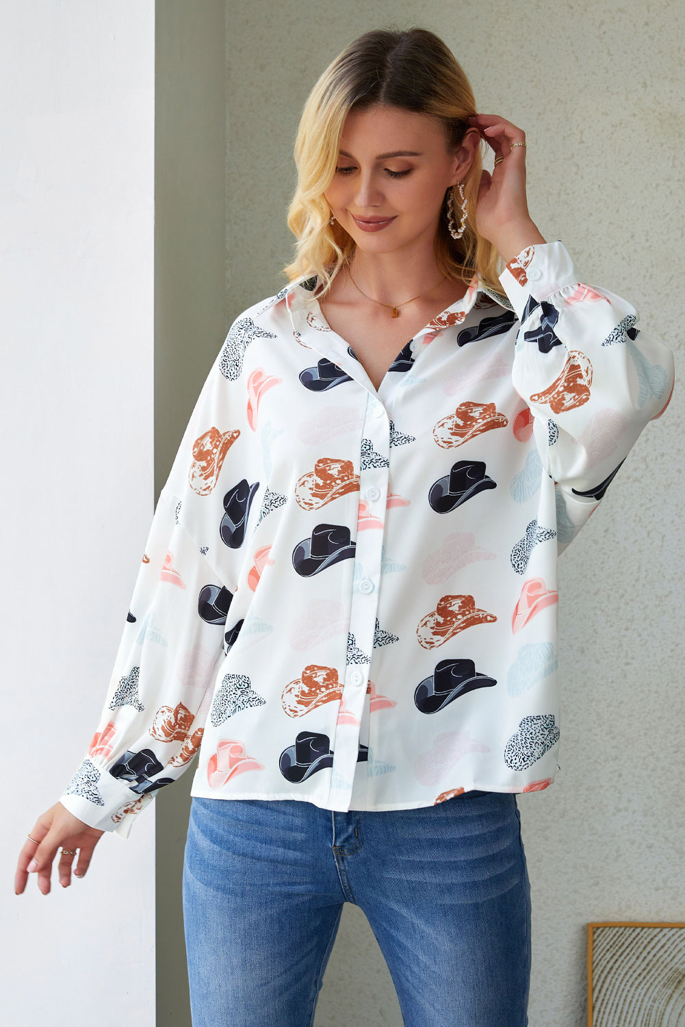 Hat Print Collared Neck Long Sleeve Shirt