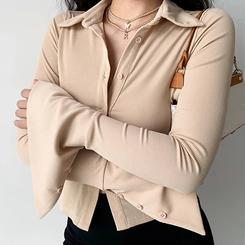 Blouses polo lapel single-breasted flared Collar Solid sleeve shirt Five-color women's slim long-sleeve Casual Streetwear top