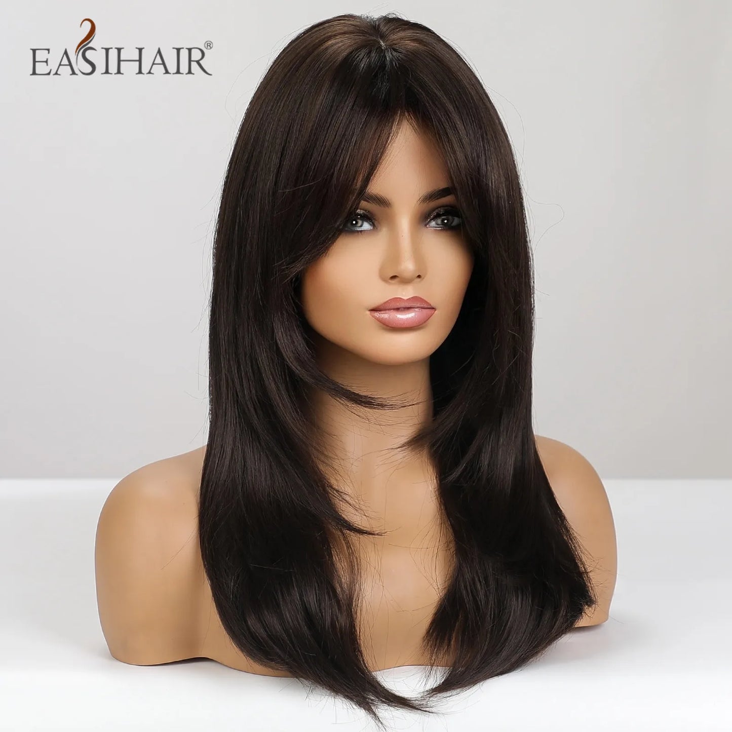 EASIHAIR Dark Brown Black Synthetic Wigs with Bangs Medium Straight Layered Natural Hairs for Women Daily Cosplay Heat Resistant
