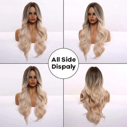 EASIHAIR Ombre Brown Light Blonde Platinum Long Wavy Middle Part Hair Wig Cosplay Natural Heat Resistant Synthetic Wig for Women