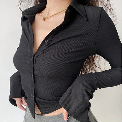 Blouses polo lapel single-breasted flared Collar Solid sleeve shirt Five-color women's slim long-sleeve Casual Streetwear top