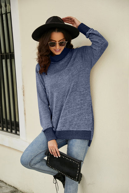 Heathered Slit High-Low Long Sleeve Top