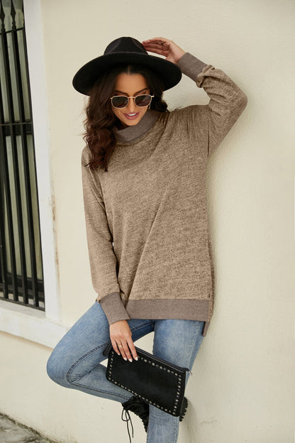 Heathered Slit High-Low Long Sleeve Top