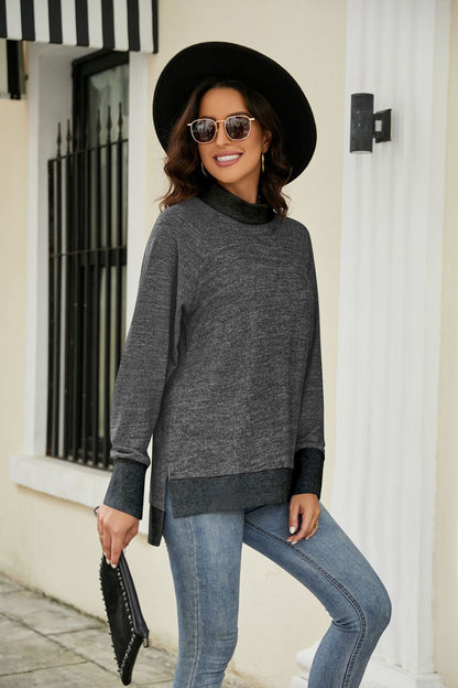 Heathered Slit High-Low Long Sleeve Top