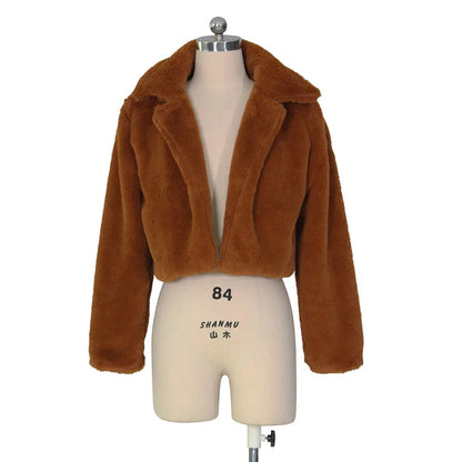 RT Women Faux Fur Coats Long Sleeve Furry Cropped Jacket Open Stitch Fluffy Overcoat Casual Outdoor Wear