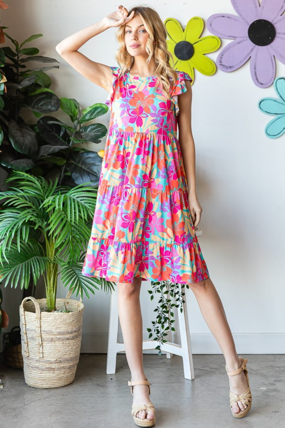 Heimish Full Size Floral Cap Sleeve Tiered Dress