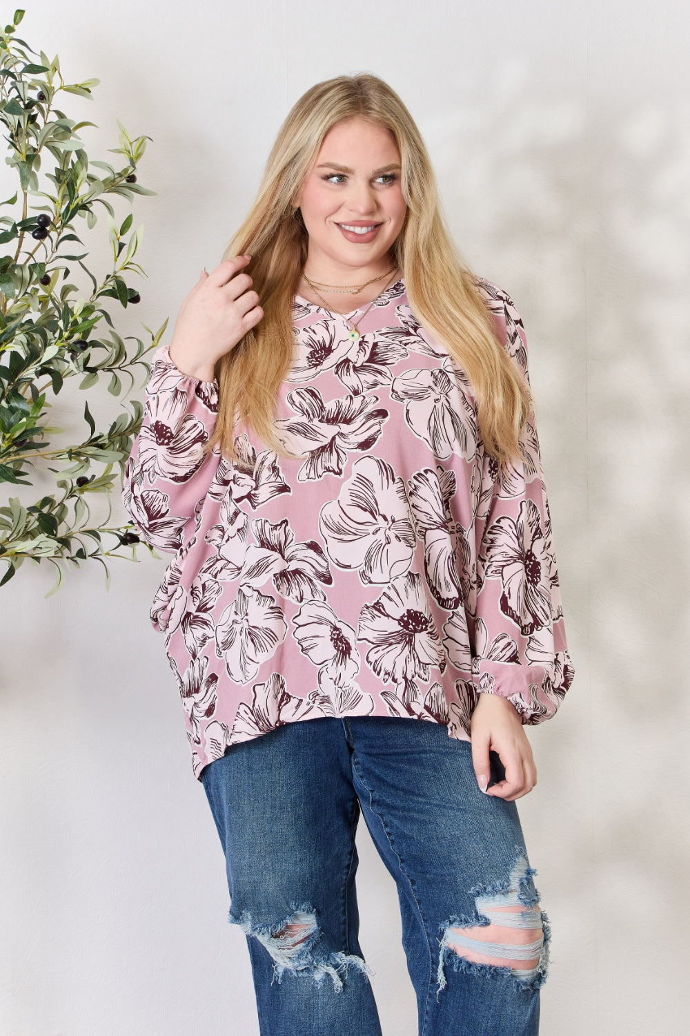 Heimish Full Size Floral V-Neck Balloon Sleeve Blouse