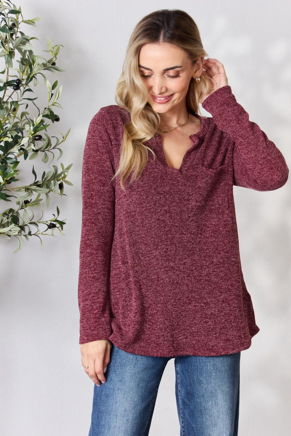 Heimish Full Size Notched Long Sleeve Top