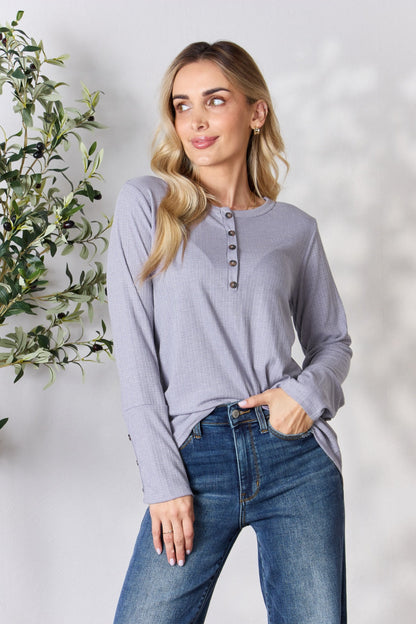 Heimish Full Size Texture Half Button Long Sleeve Top