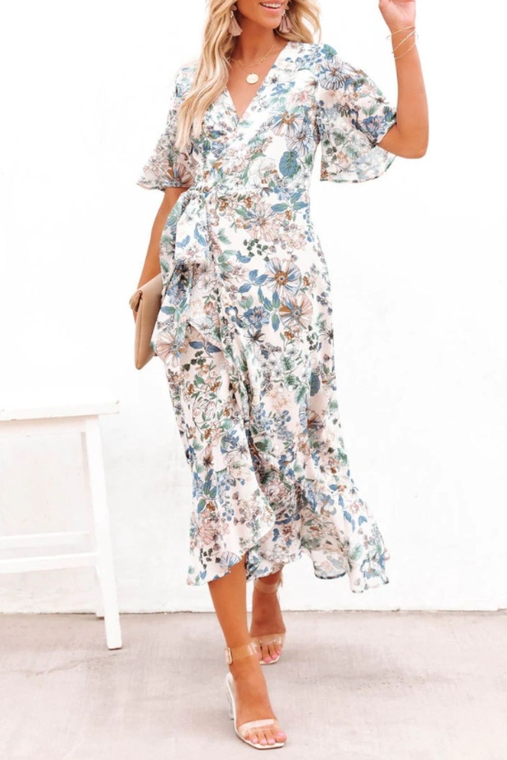 High-Low Printed Surplice Flutter Sleeve Midi Dress