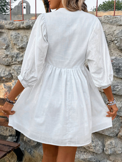 Lace Detail Half Button Three-Quarter Sleeve Dress