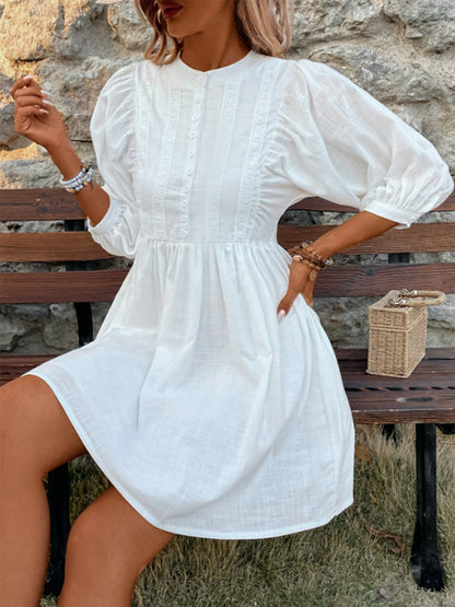 Lace Detail Half Button Three-Quarter Sleeve Dress