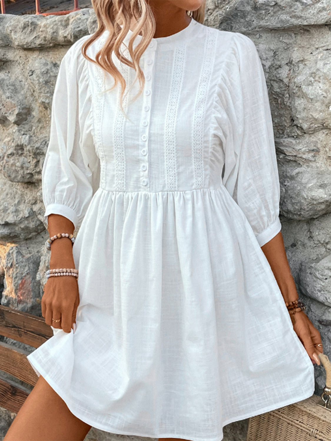 Lace Detail Half Button Three-Quarter Sleeve Dress