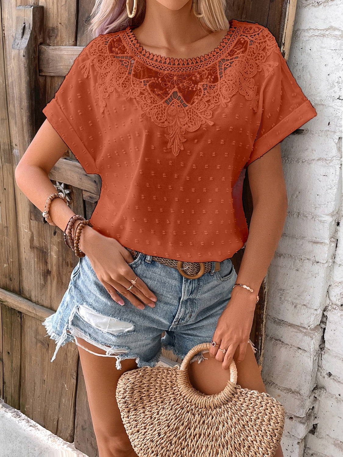 Lace Detail Round Neck Short Sleeve Blouse