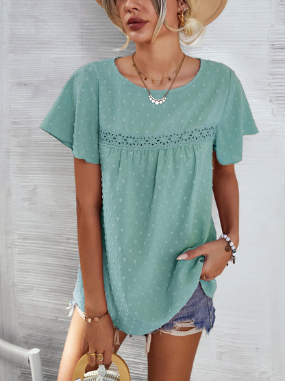 Lace Detail Round Neck Short Sleeve Blouse