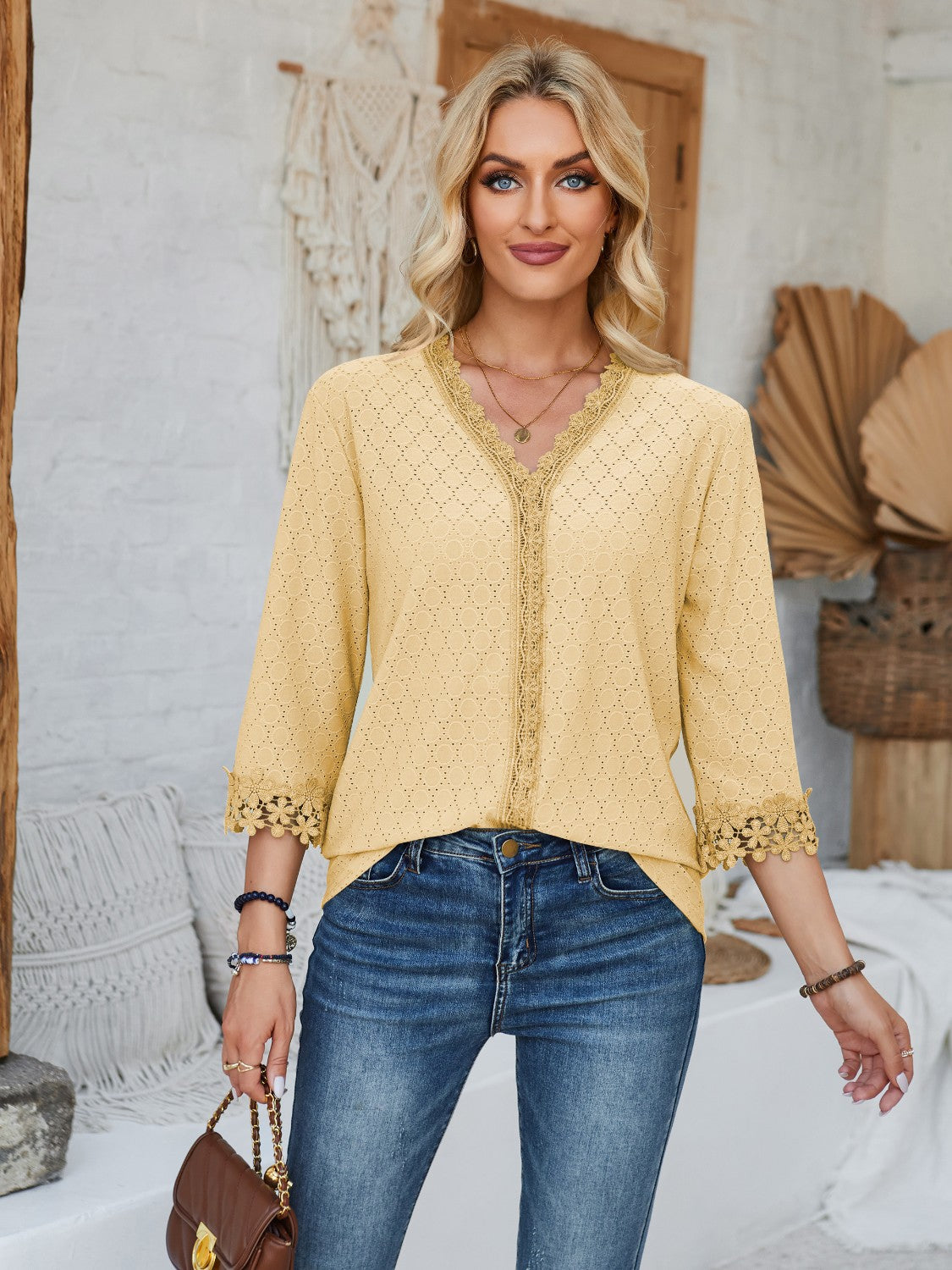 Lace Detail V-Neck Three-Quarter Sleeve Blouse