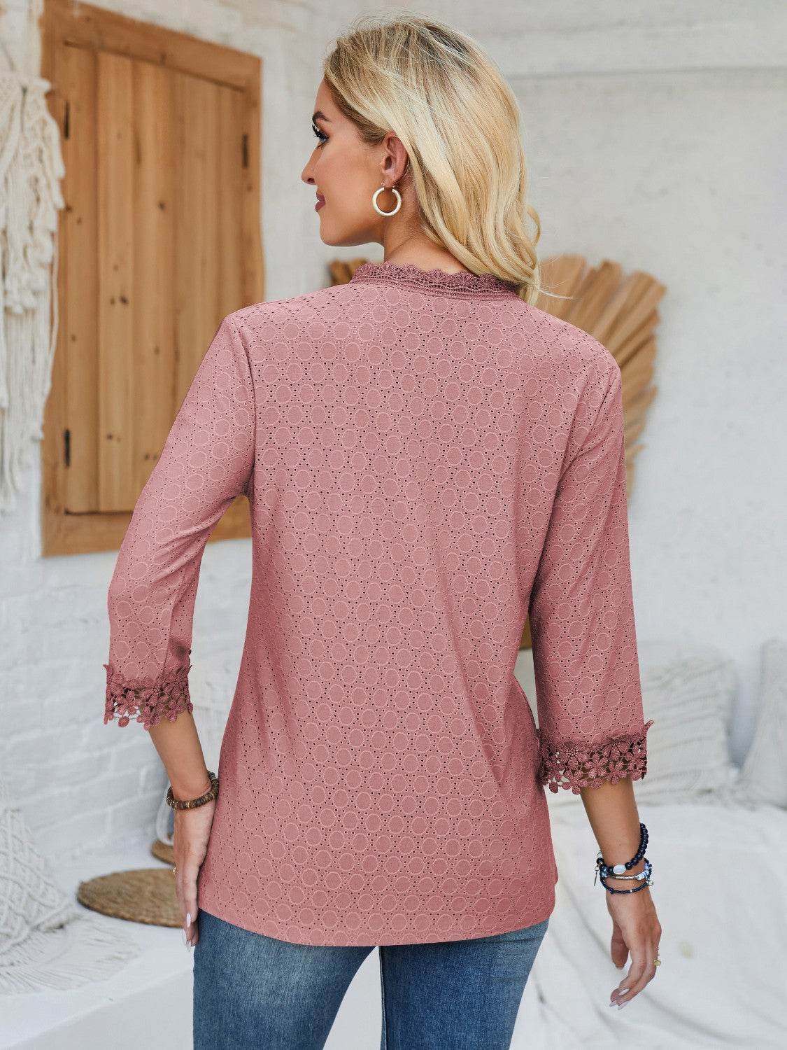 Lace Detail V-Neck Three-Quarter Sleeve Blouse