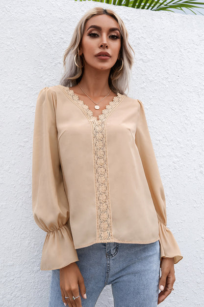 Lace Trim Flounce Sleeve Blouse