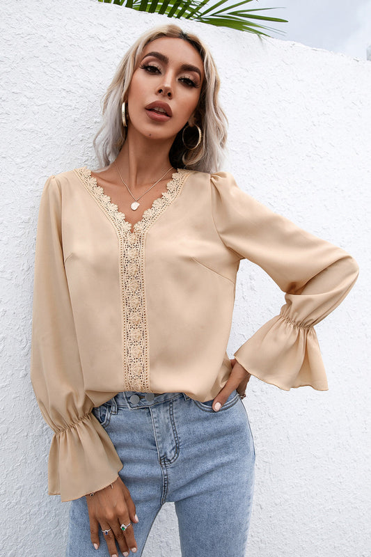 Lace Trim Flounce Sleeve Blouse