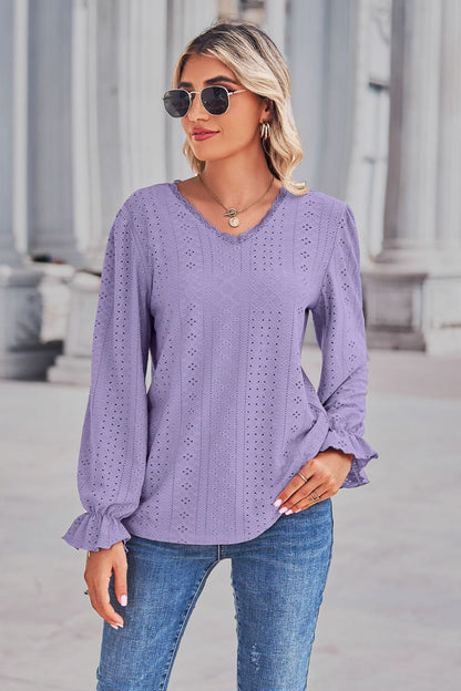 Lace Trim V-Neck Flounce Sleeve Top