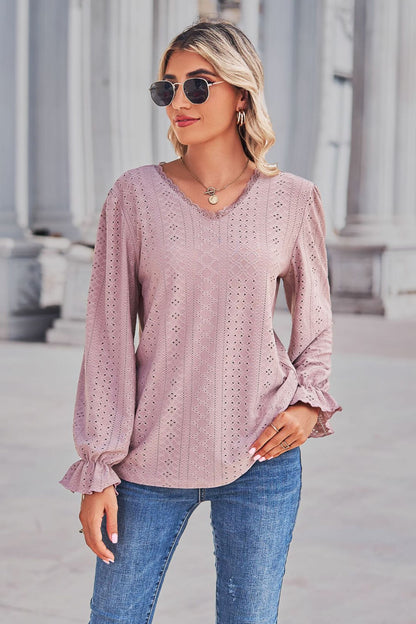 Lace Trim V-Neck Flounce Sleeve Top