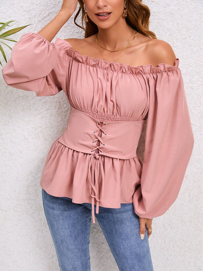 Lace-Up Balloon Sleeve Off-Shoulder Blouse