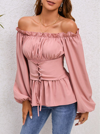 Lace-Up Balloon Sleeve Off-Shoulder Blouse