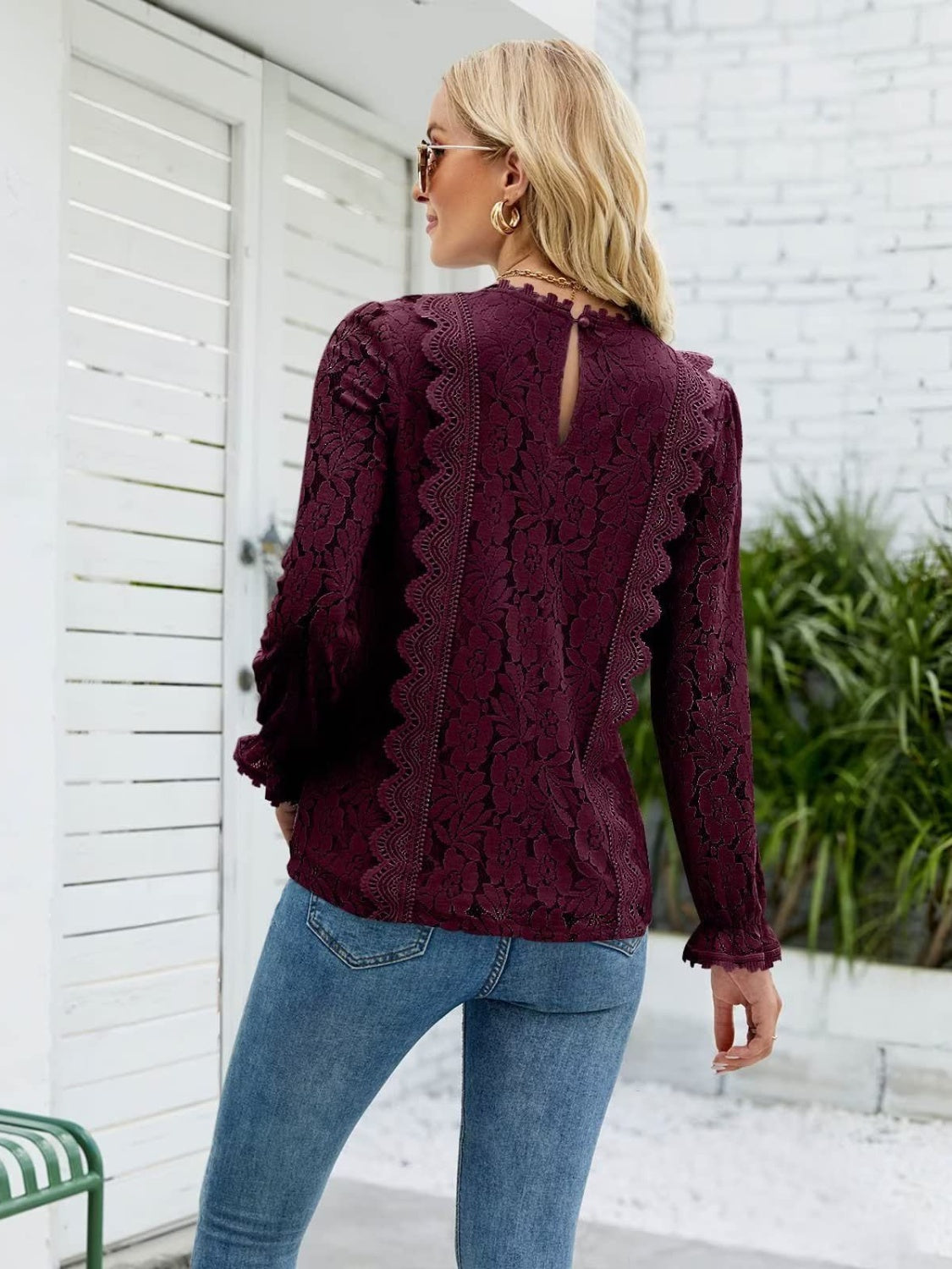 Lace V-Neck Flounce Sleeve Blouse