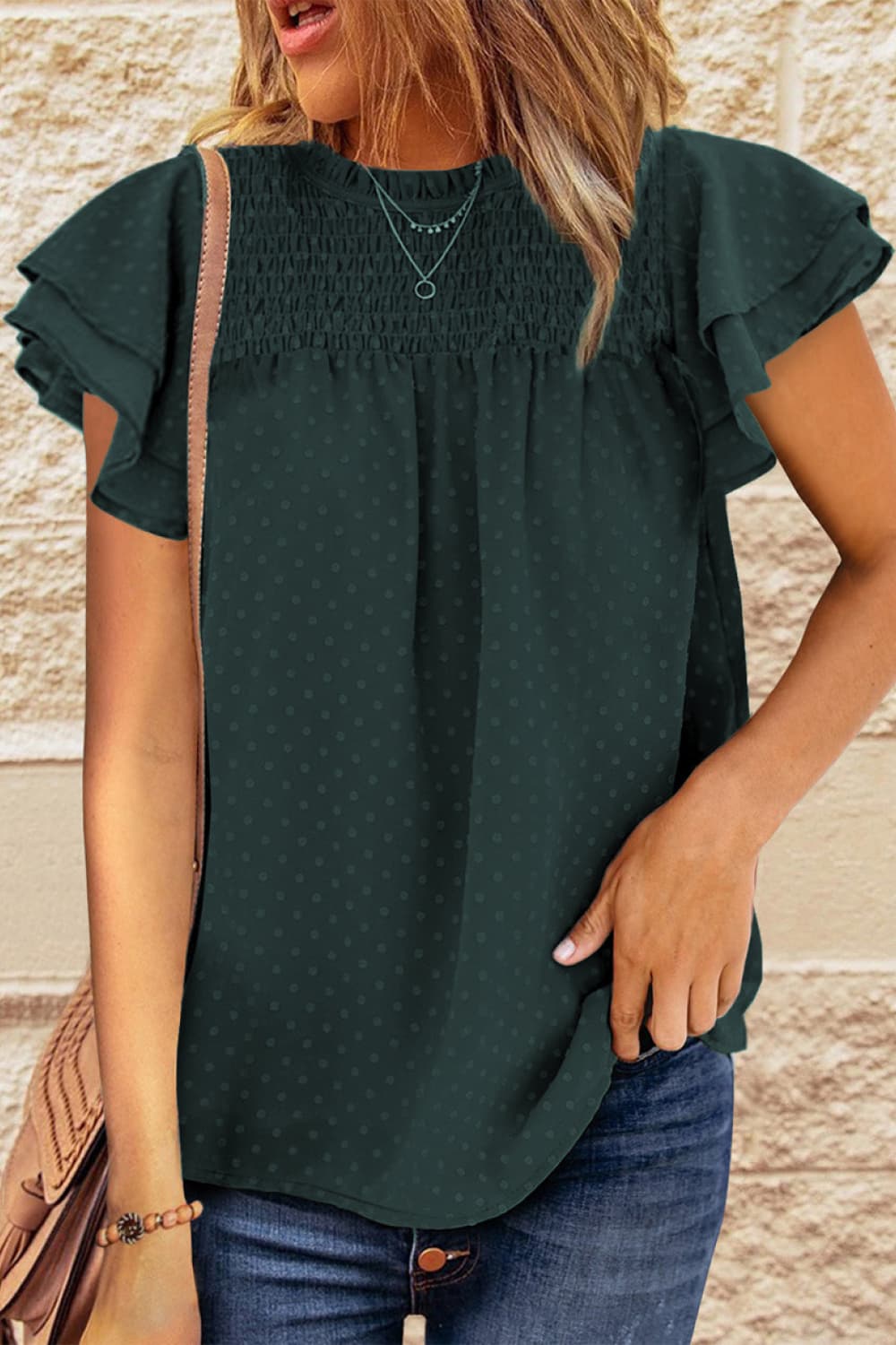 Layered Flutter Sleeve Smocked Blouse