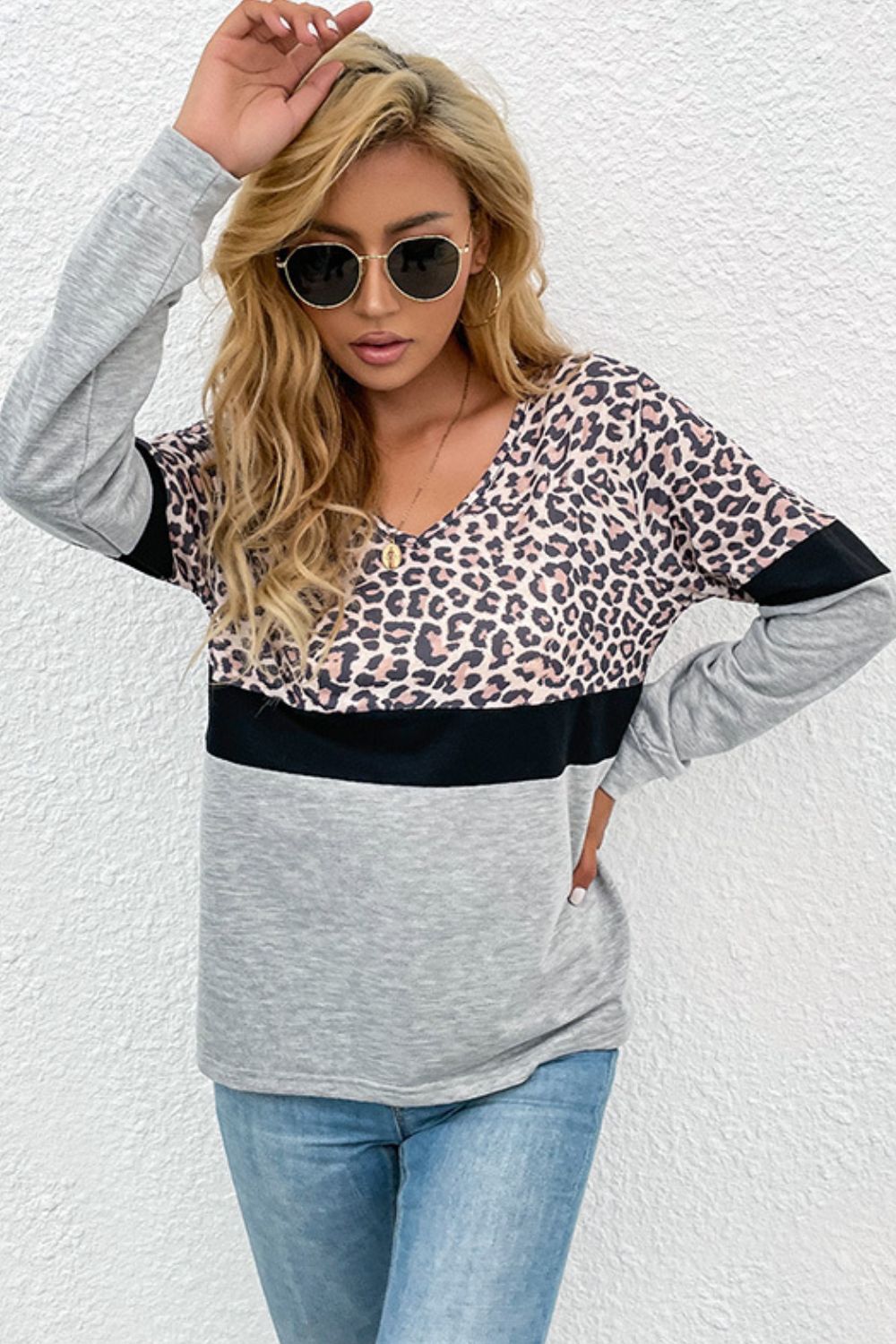 Leopard Color Block V-Neck Long Sleeve Top